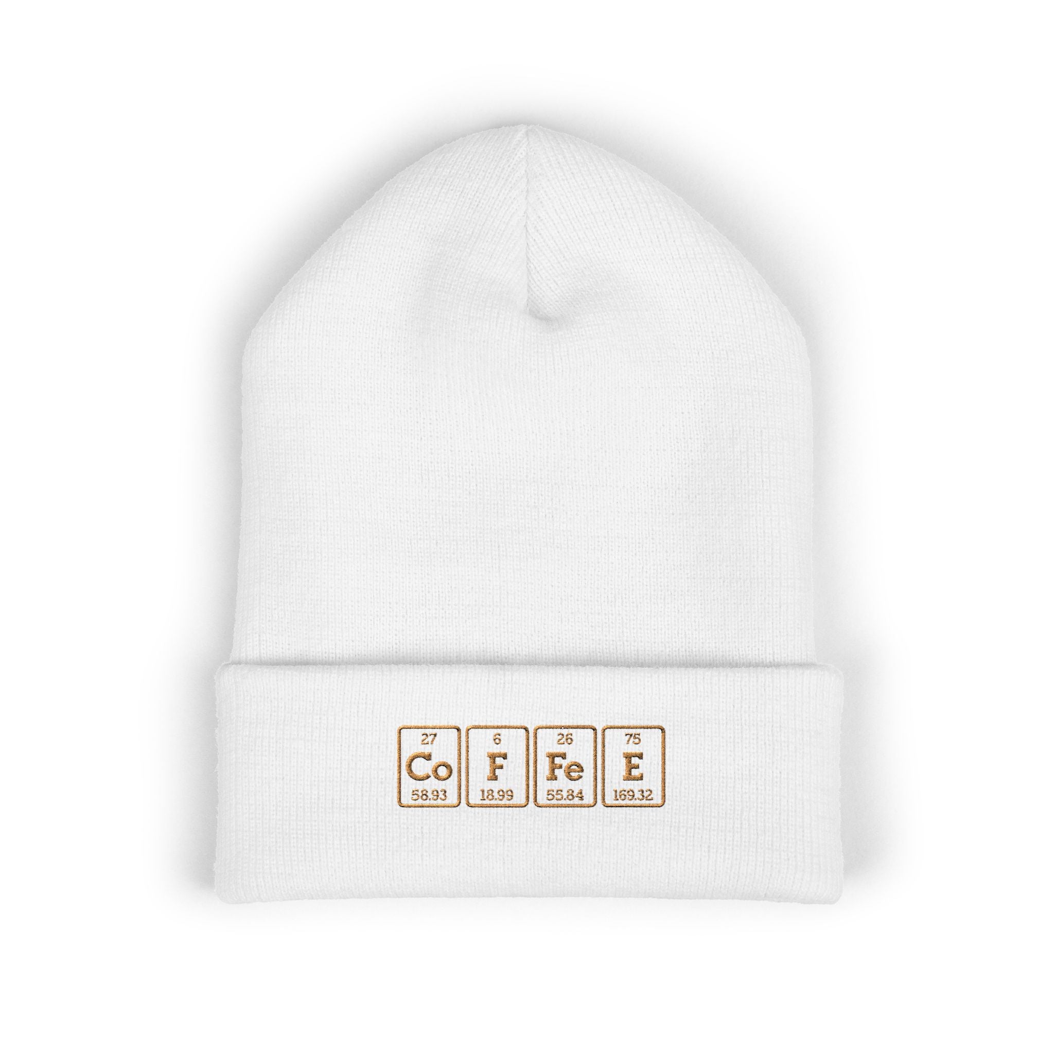 White cuffed beanie with "COFFEE" spelled out using periodic table elements.