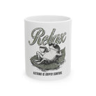 White ceramic mug featuring a graphic of a frog wearing sunglasses, relaxing on a lily pad.
