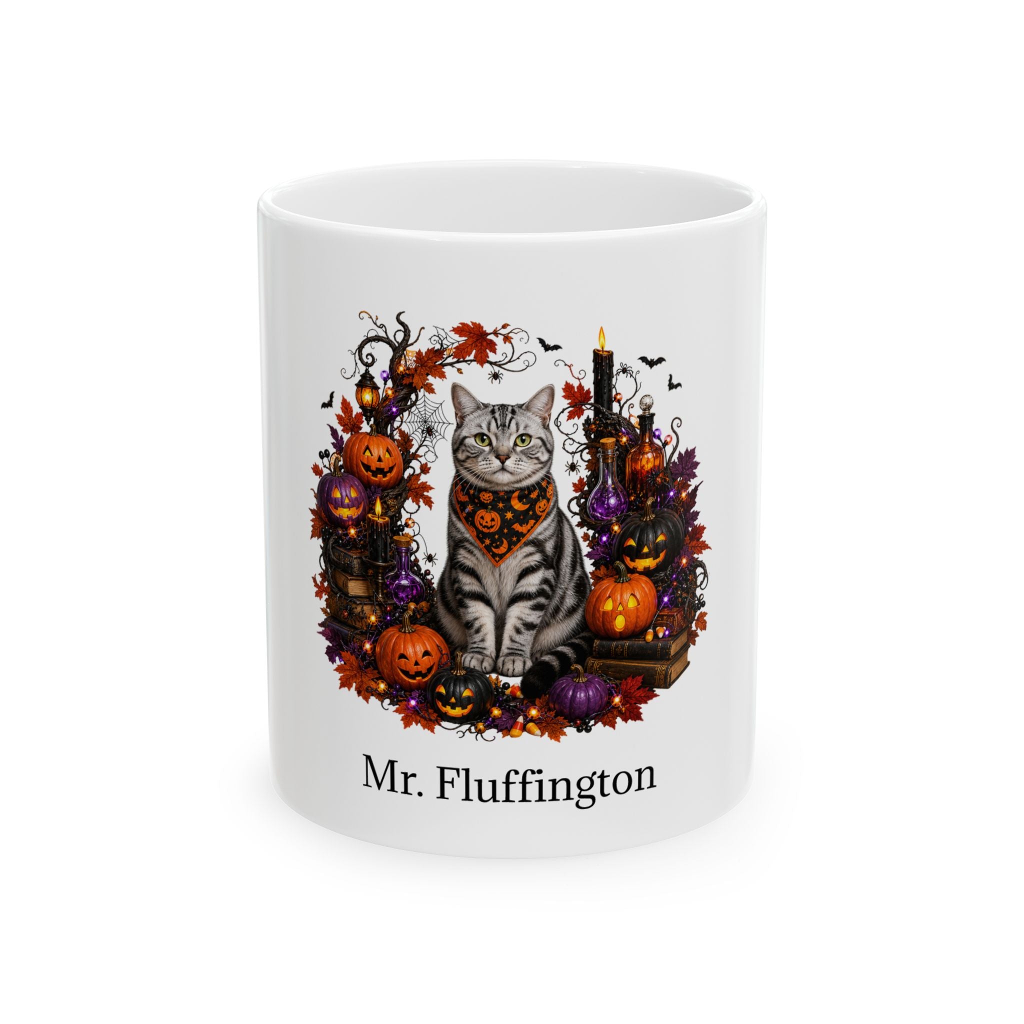 Personalized American Shorthair cat ceramic coffee mug with Halloween artwork and custom name — image 2