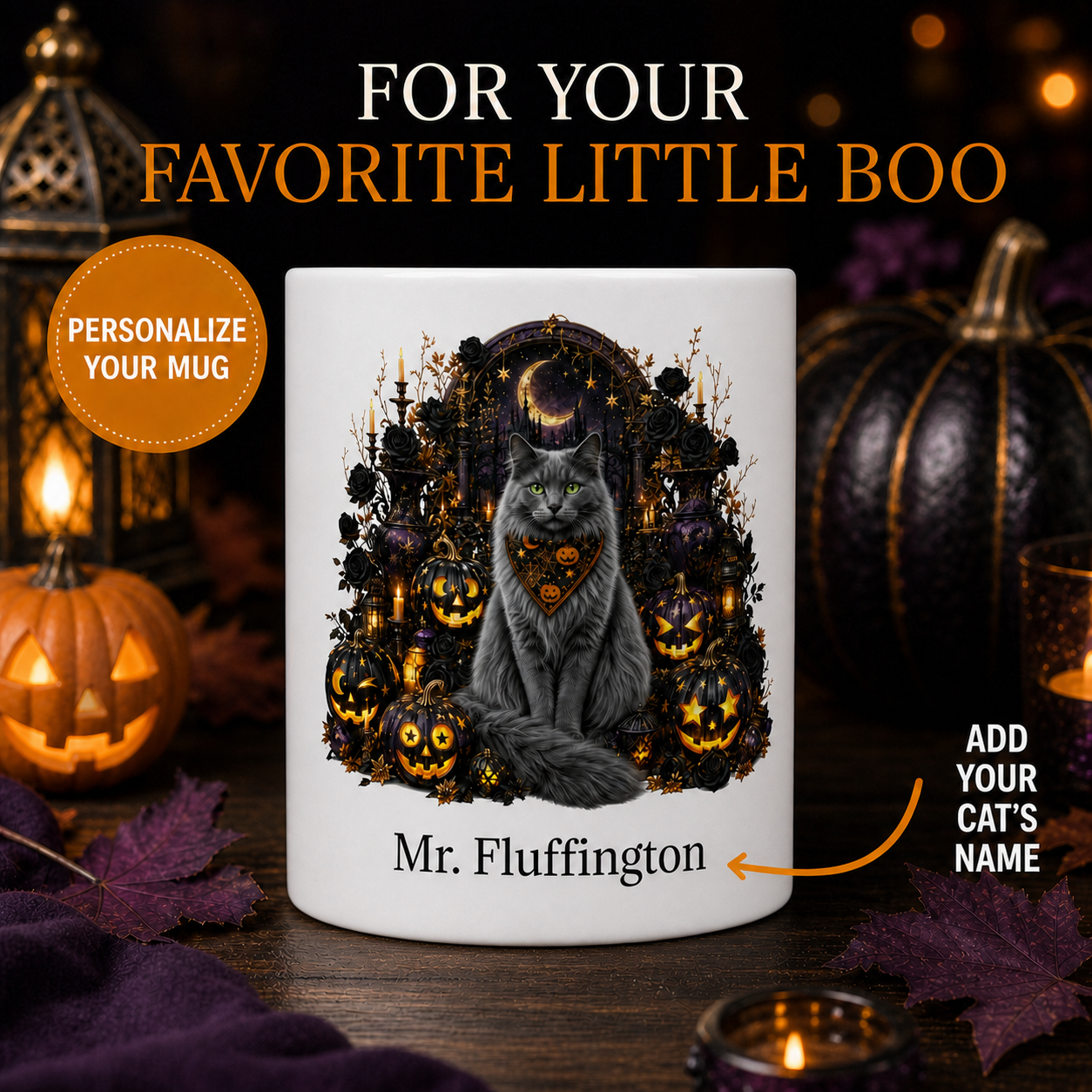 Personalized Nebelung Cat Halloween Mug – Custom Pet Name Gift – front view with no handle