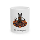 Personalized Mudi dog Halloween mug, 11oz white ceramic, with custom pet name on front