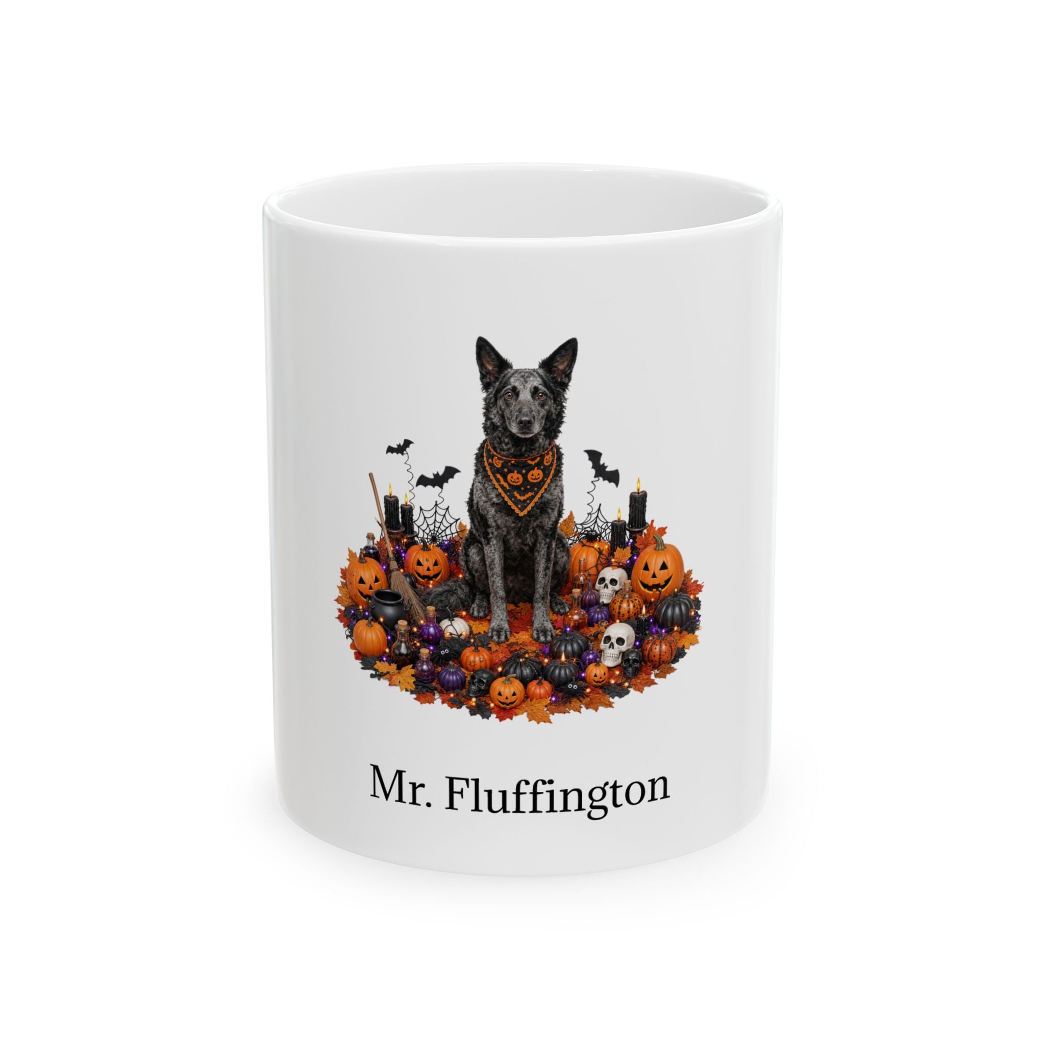 Personalized Mudi dog Halloween mug, 11oz white ceramic, with custom pet name on front