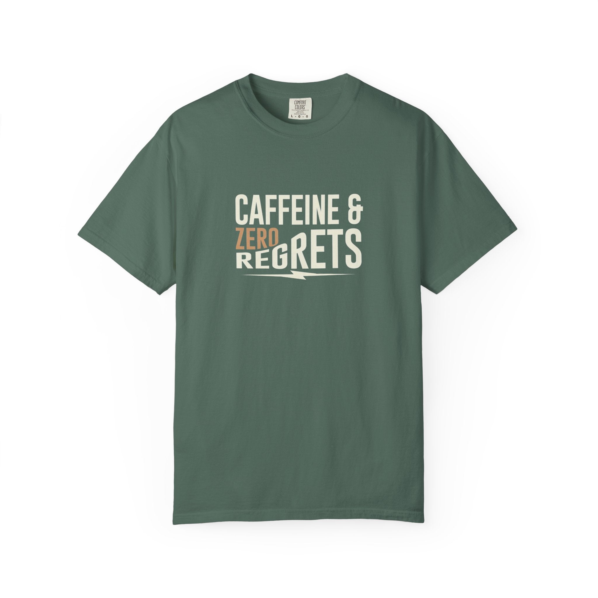 Caffeine & Zero Regrets T-Shirt - Funny Coffee Pun Tee - Sarcastic Barista Shirt - Minimalist Aesthetic Graphic Top - Premium Comfort Colors 1717