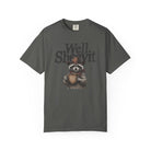Dark grey t-shirt featuring a graphic of a raccoon in a cowboy hat holding a coffee mug.