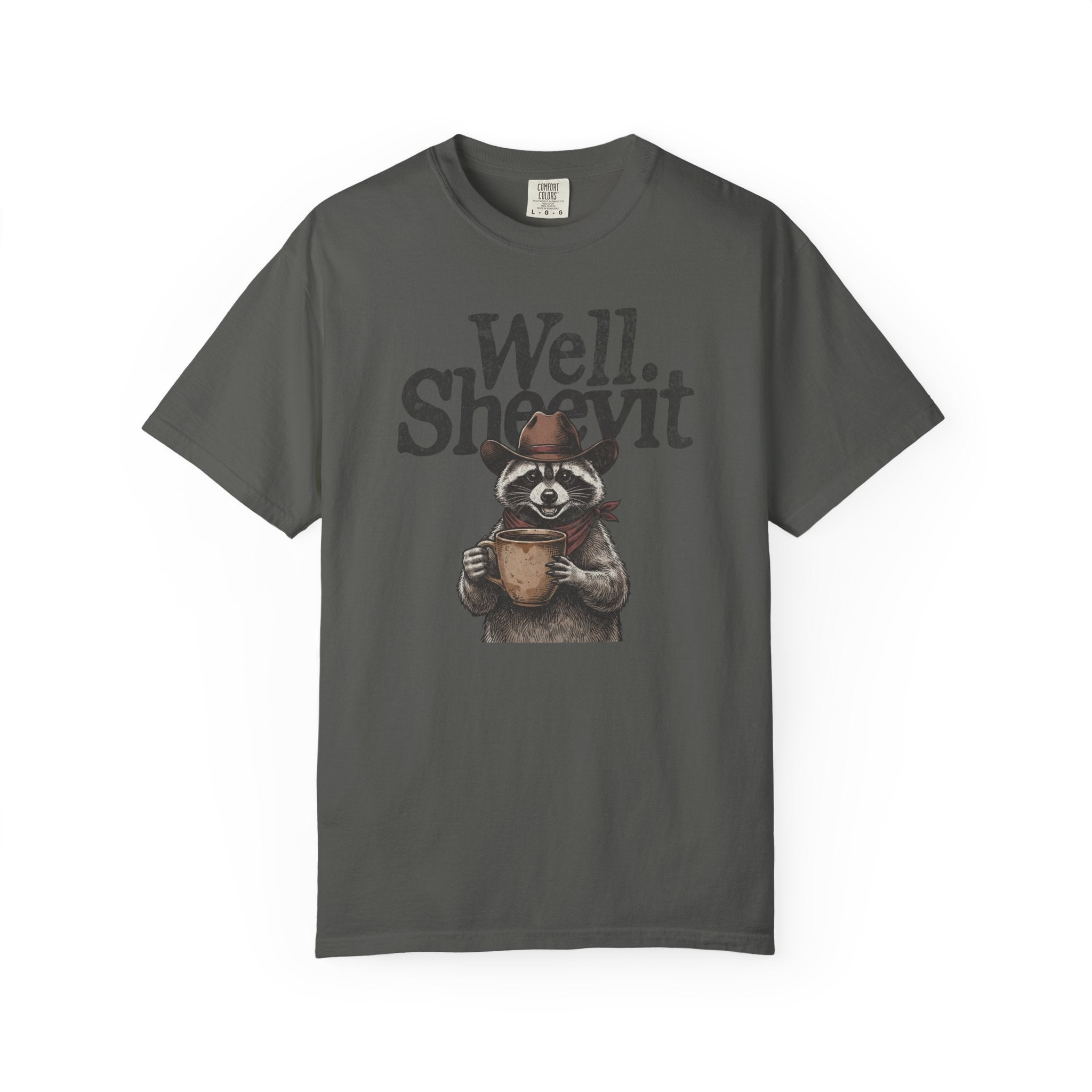 Dark grey t-shirt featuring a graphic of a raccoon in a cowboy hat holding a coffee mug.