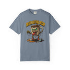 Blue-grey unisex t-shirt featuring a graphic of a zombie coffee mug with red sneakers.
