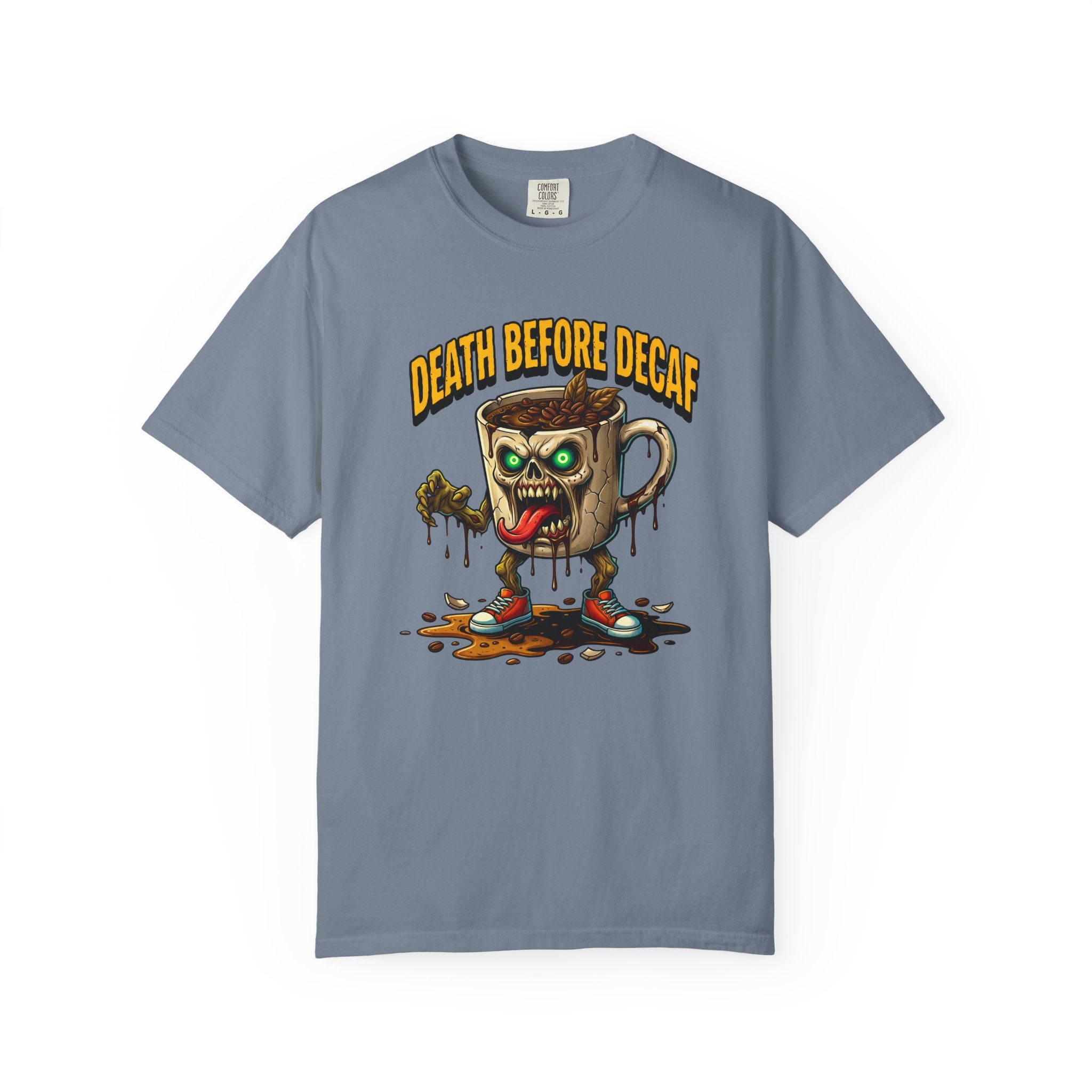 Blue-grey unisex t-shirt featuring a graphic of a zombie coffee mug with red sneakers.