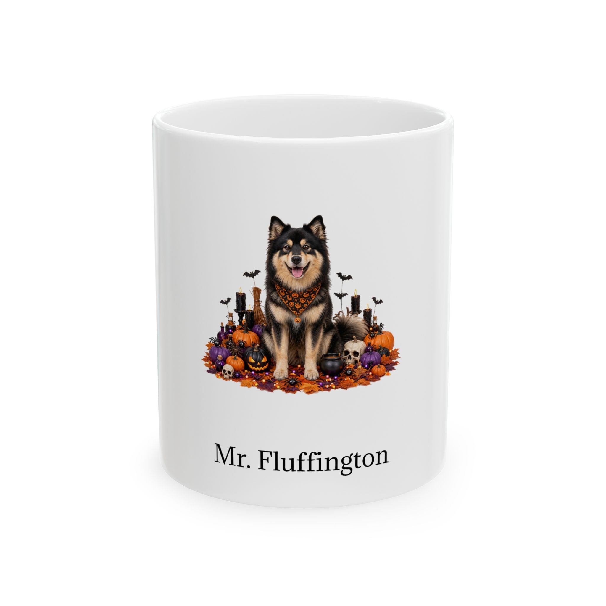 Personalized Finnish Lapphund dog Halloween mug, 11oz white ceramic, with custom pet name on front