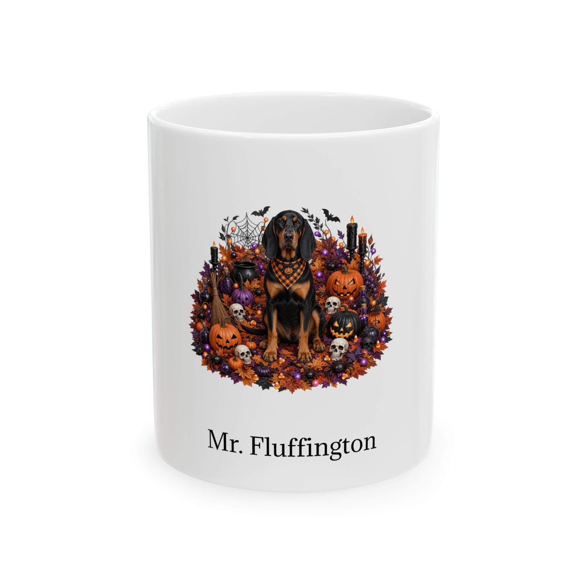Personalized Black and Tan Coonhound dog Halloween mug, 15oz white ceramic, with custom pet name on front
