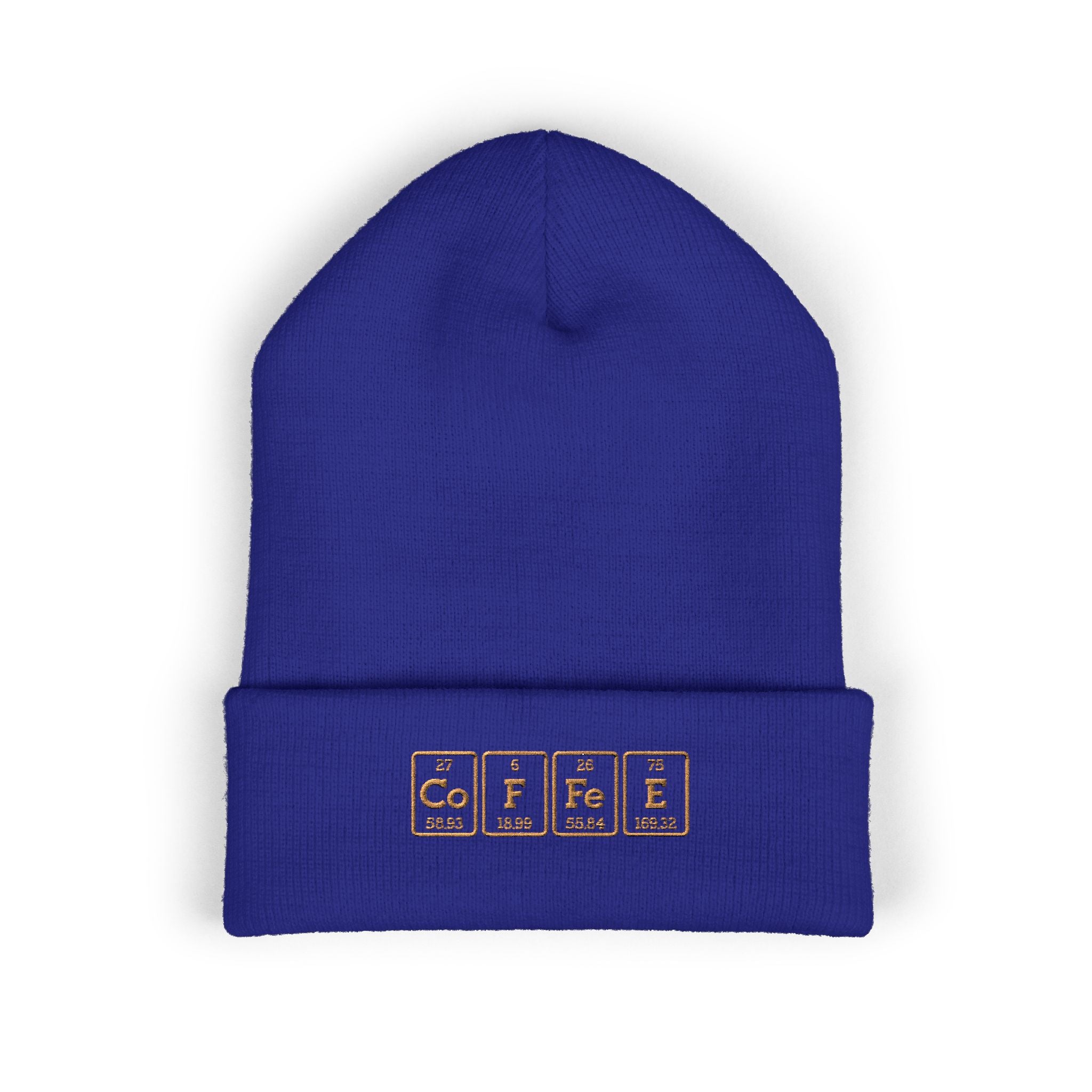 A blue cuffed beanie with "COFFEE" spelled out using periodic table elements.