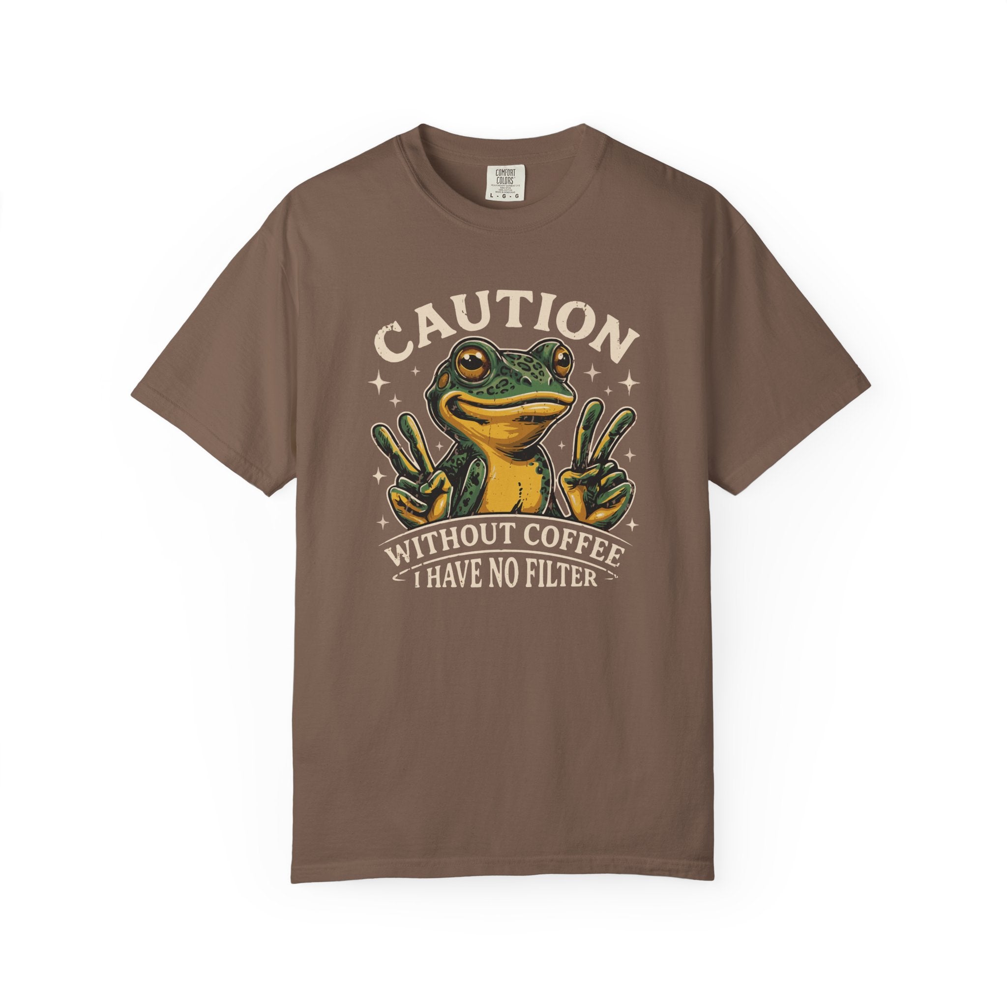 Brown t-shirt featuring a graphic of a frog making peace signs with the text Caution No Filter.