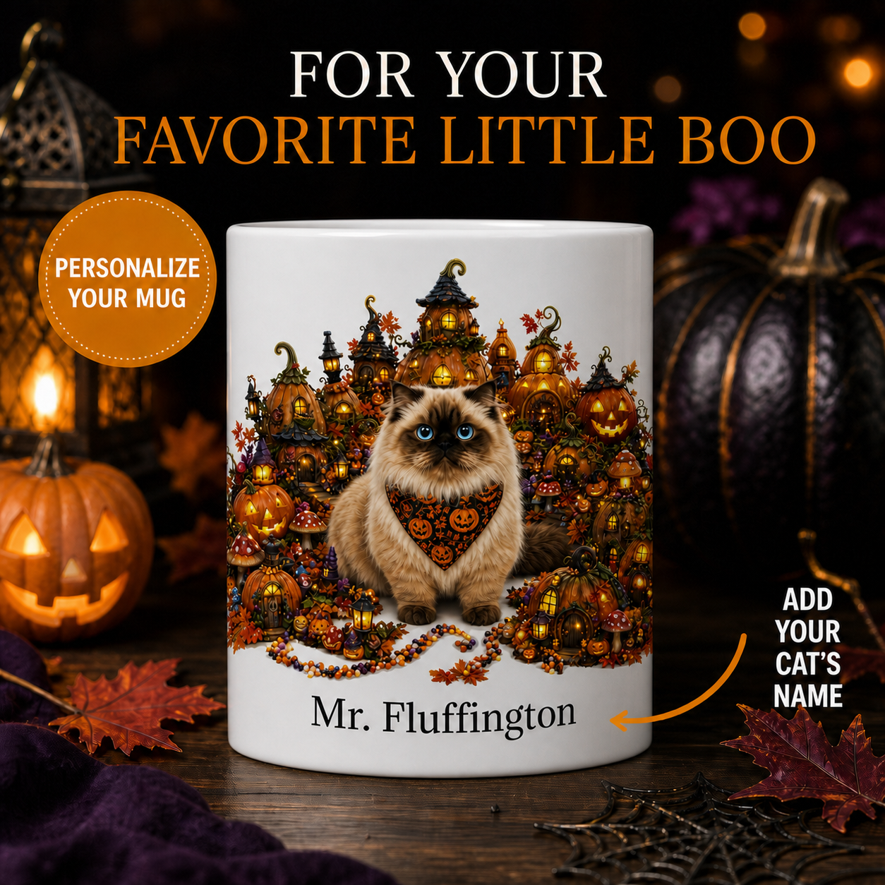 Personalized Munchkin Cat Halloween Mug – Custom Pet Name Gift – front view with no handle