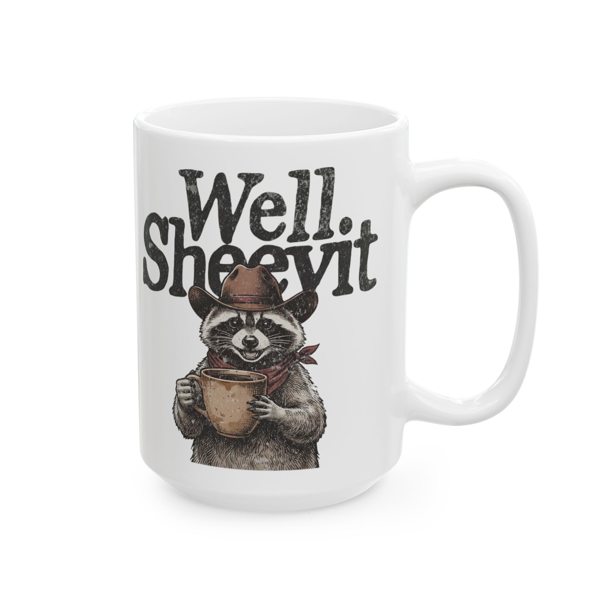 White ceramic mug featuring a cartoon raccoon in a cowboy hat holding a coffee cup.