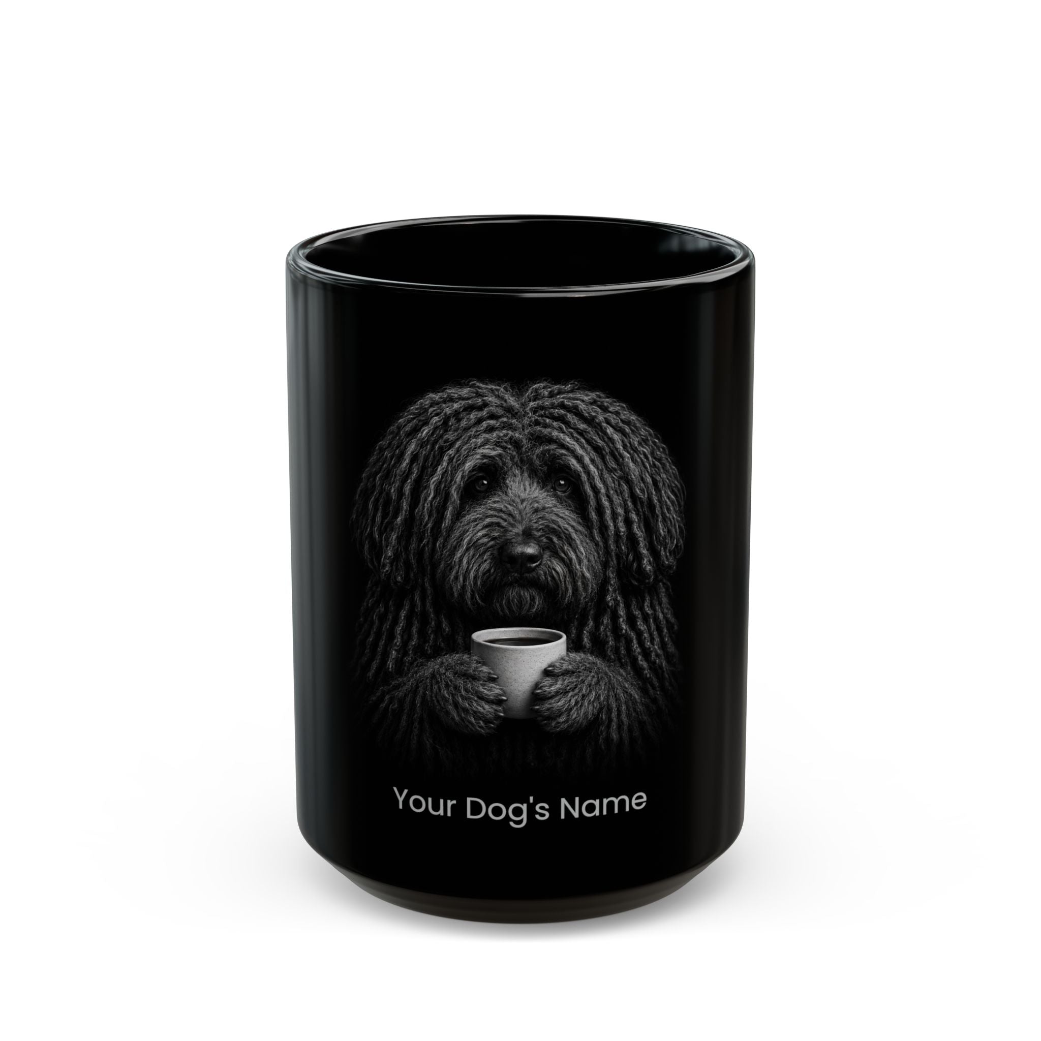 Personalized Puli black ceramic coffee mug with custom dog name