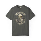 Dark grey t-shirt featuring a skeleton wearing sunglasses and holding a steaming cup of coffee.