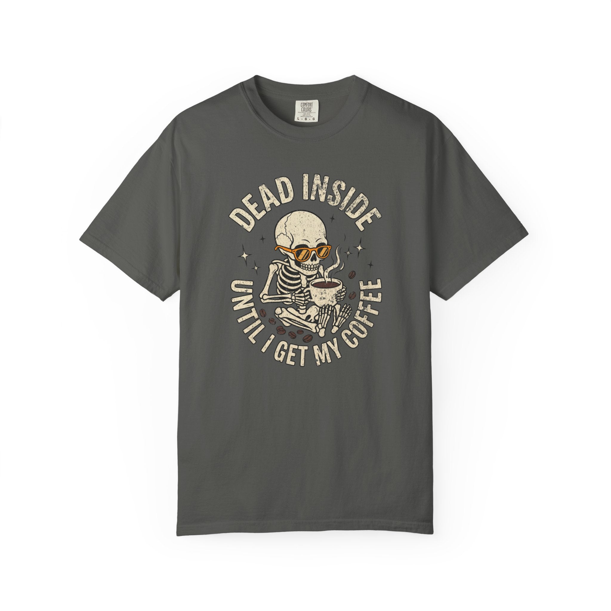 Dark grey t-shirt featuring a skeleton wearing sunglasses and holding a steaming cup of coffee.