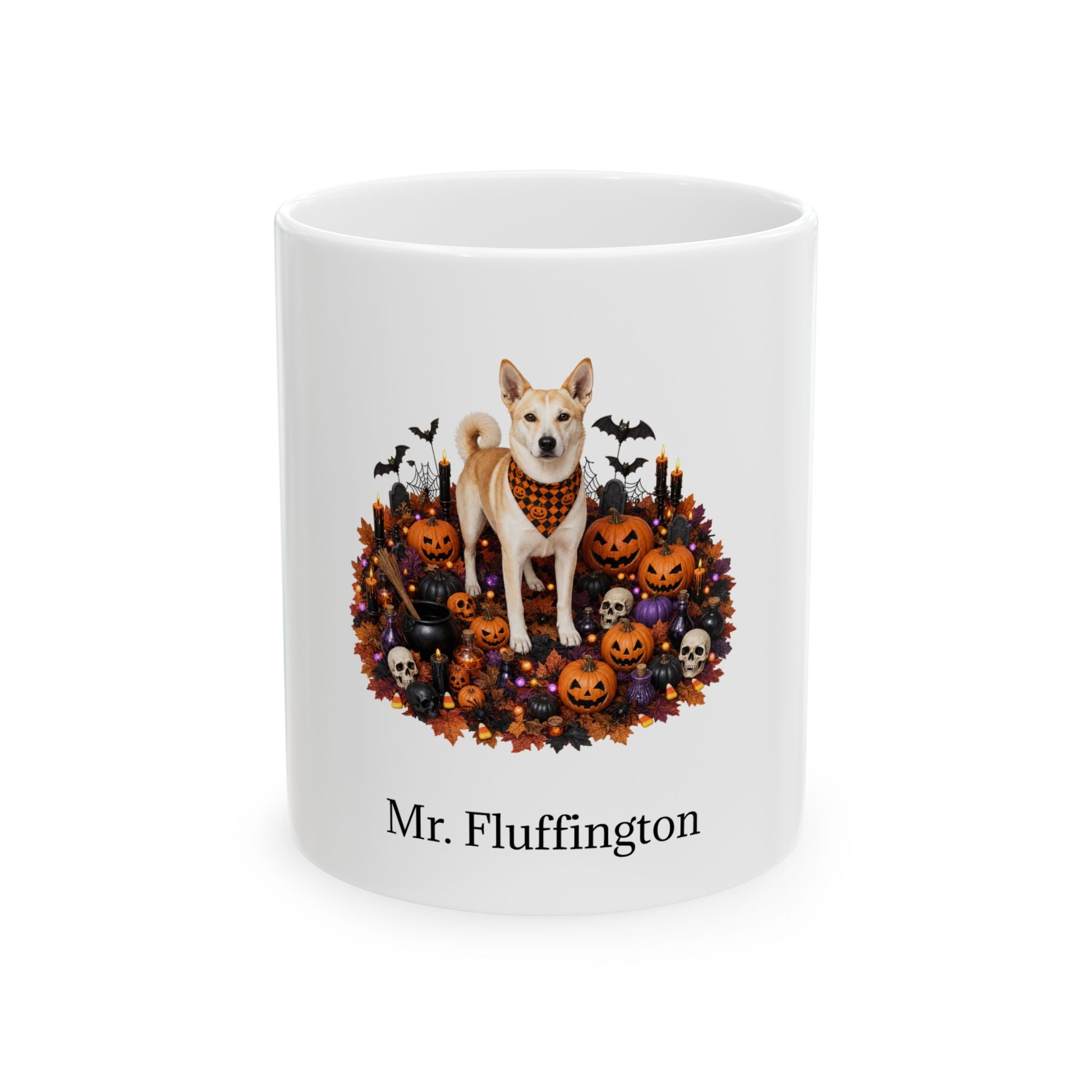 Personalized Canaan dog Halloween mug, 11oz white ceramic, with custom pet name on front