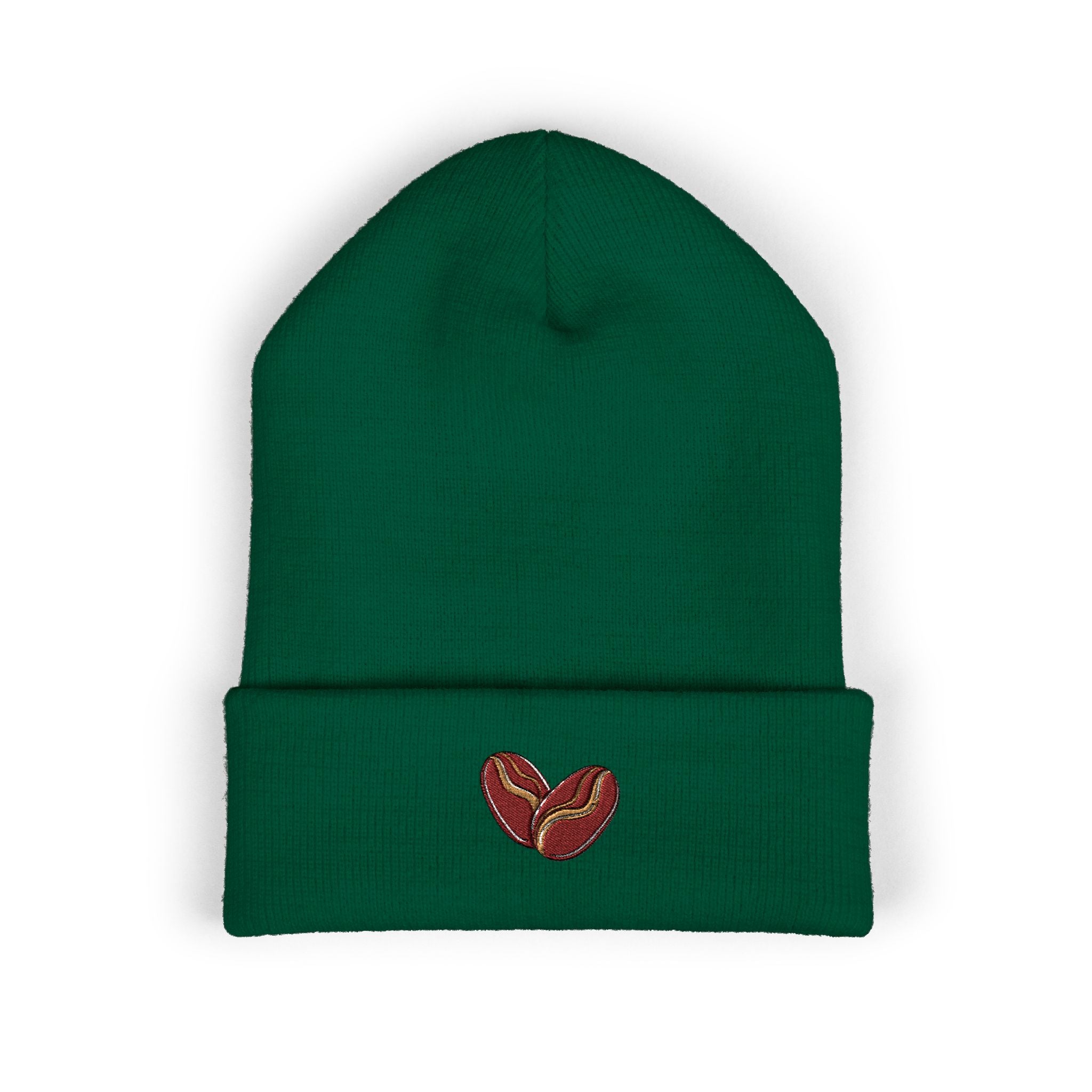 Green cuffed beanie with embroidered coffee beans on the cuff.