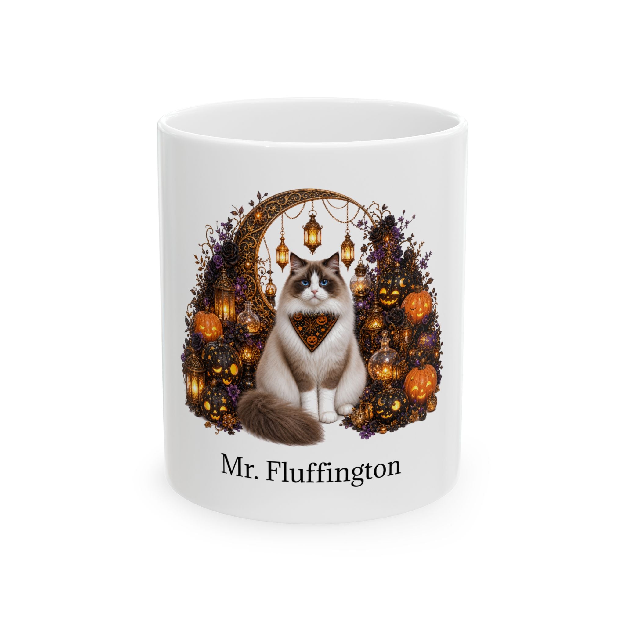 Personalized Ragdoll cat ceramic coffee mug with Halloween artwork and custom name — image 2