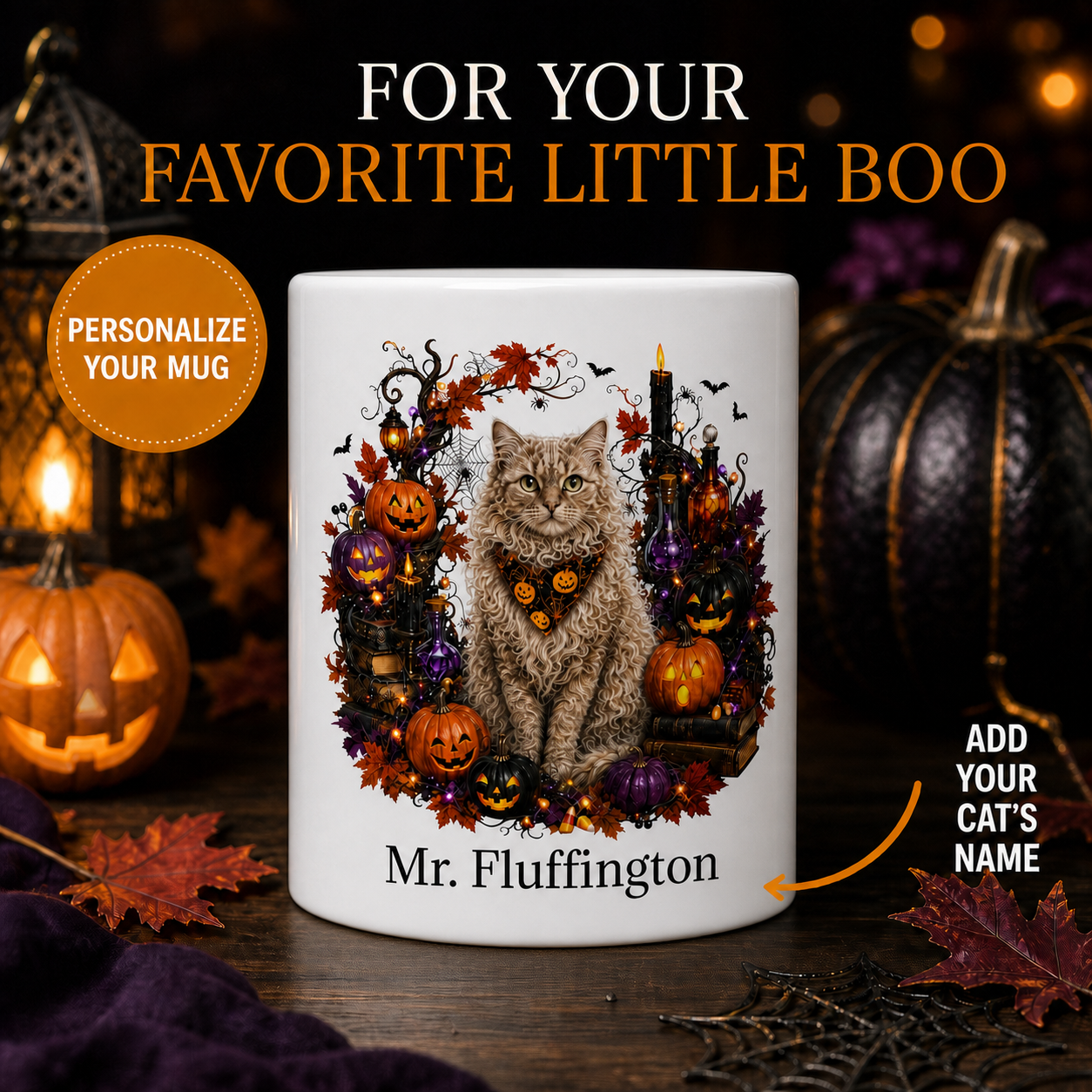 Personalized LaPerm Cat Halloween Mug – Custom Pet Name Gift – front view with no handle