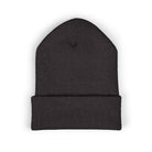 A dark gray cuffed knit beanie with a subtle embroidered coffee cup design.