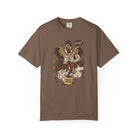 Brown unisex t-shirt featuring a distressed graphic of a rooster pouring coffee into a mug.