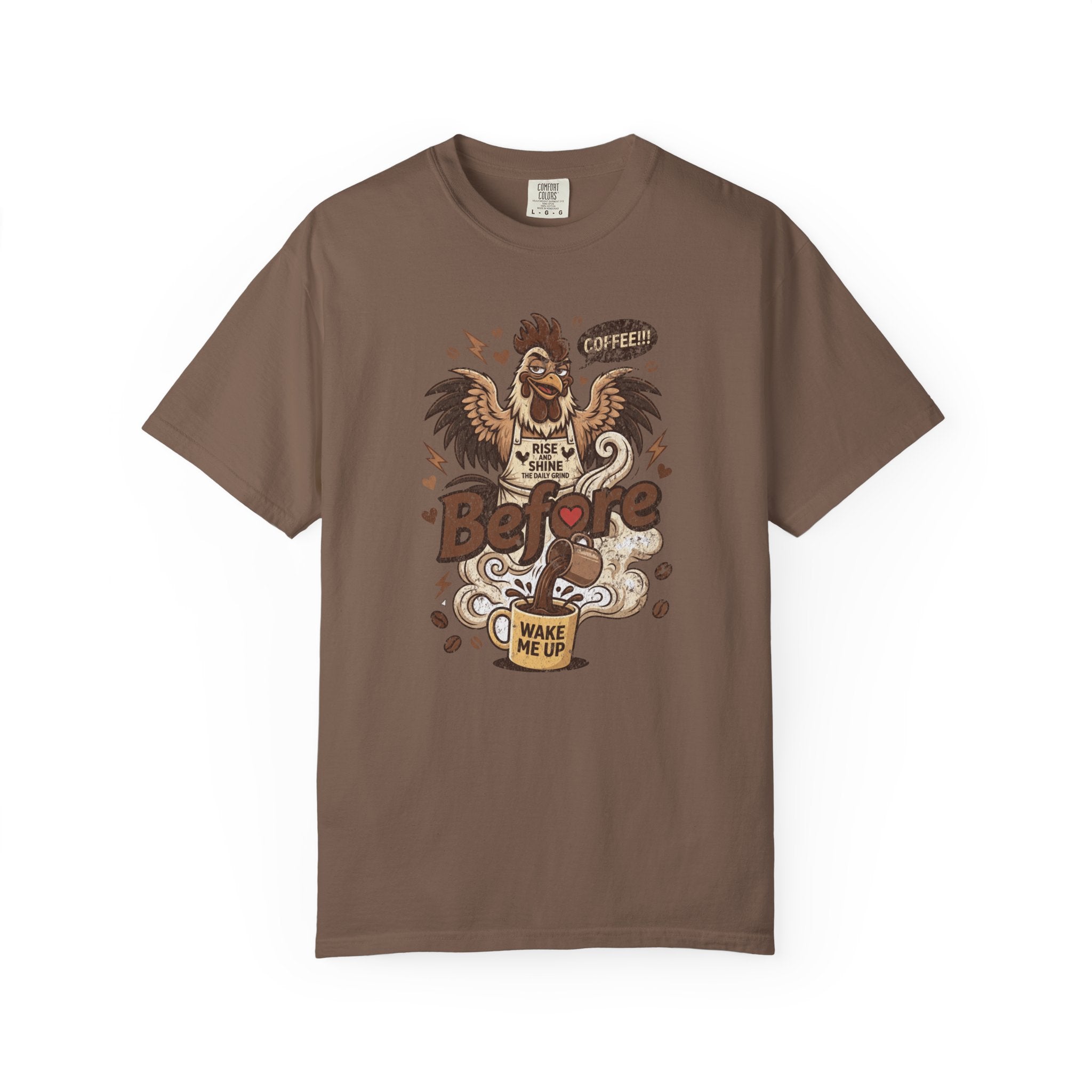 Brown unisex t-shirt featuring a distressed graphic of a rooster pouring coffee into a mug.