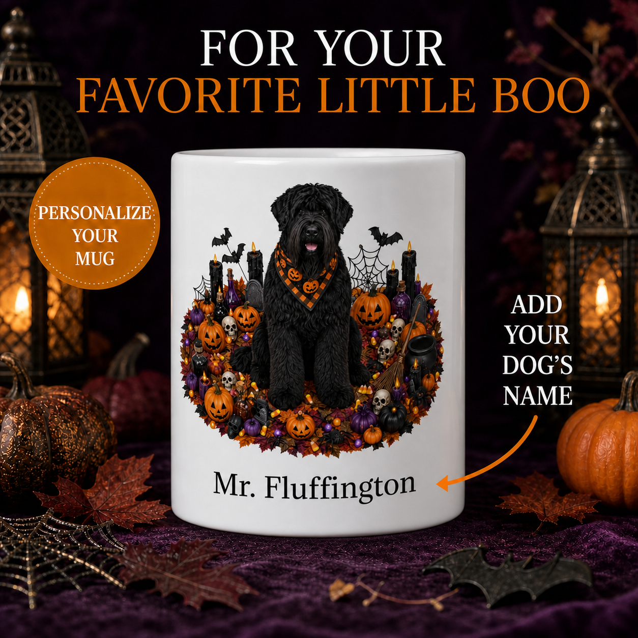 Personalized Black Russian Terrier Halloween Mug – Custom Name Gift – front view with no handle