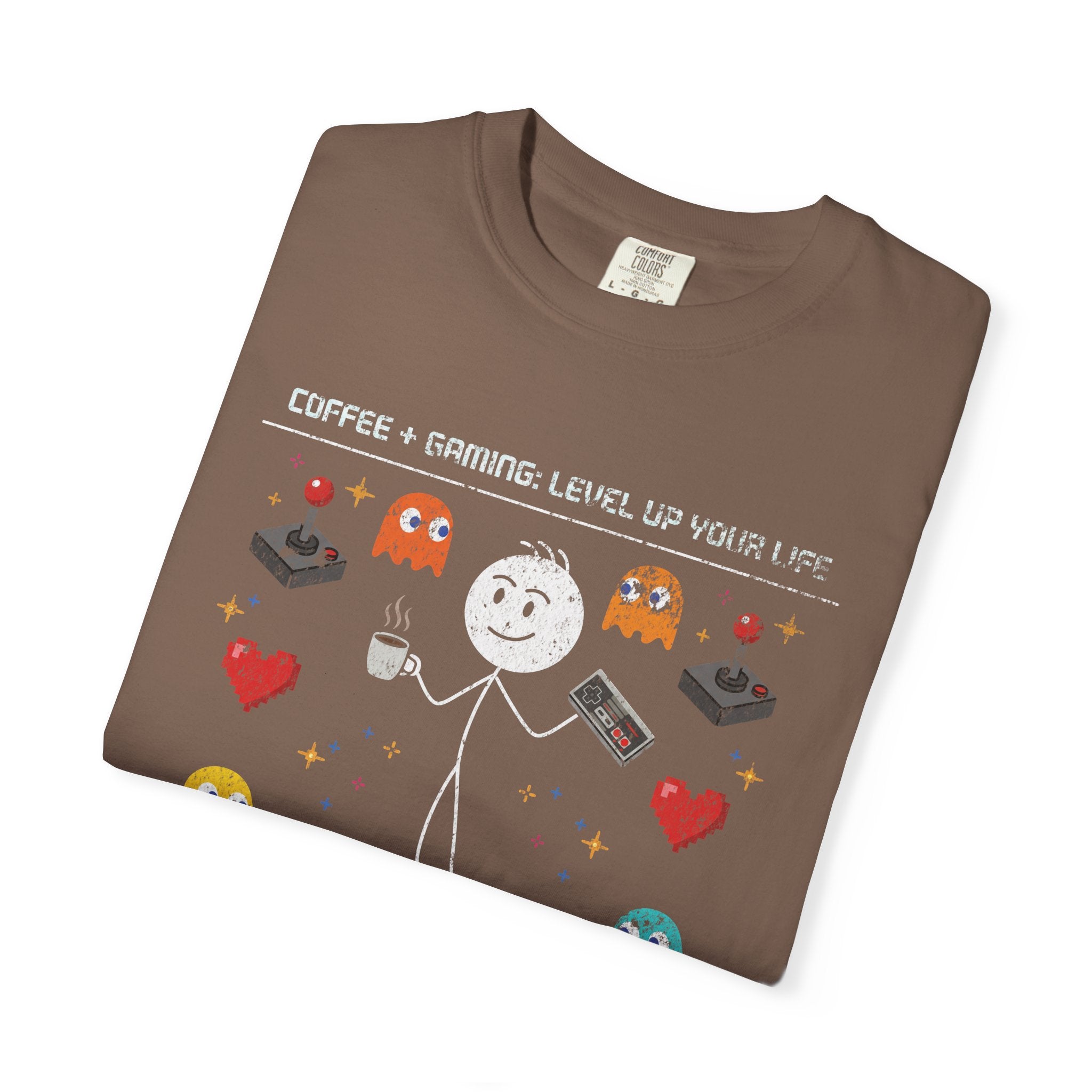 Brown cotton t-shirt featuring a stick figure holding coffee and a controller with gaming icons.