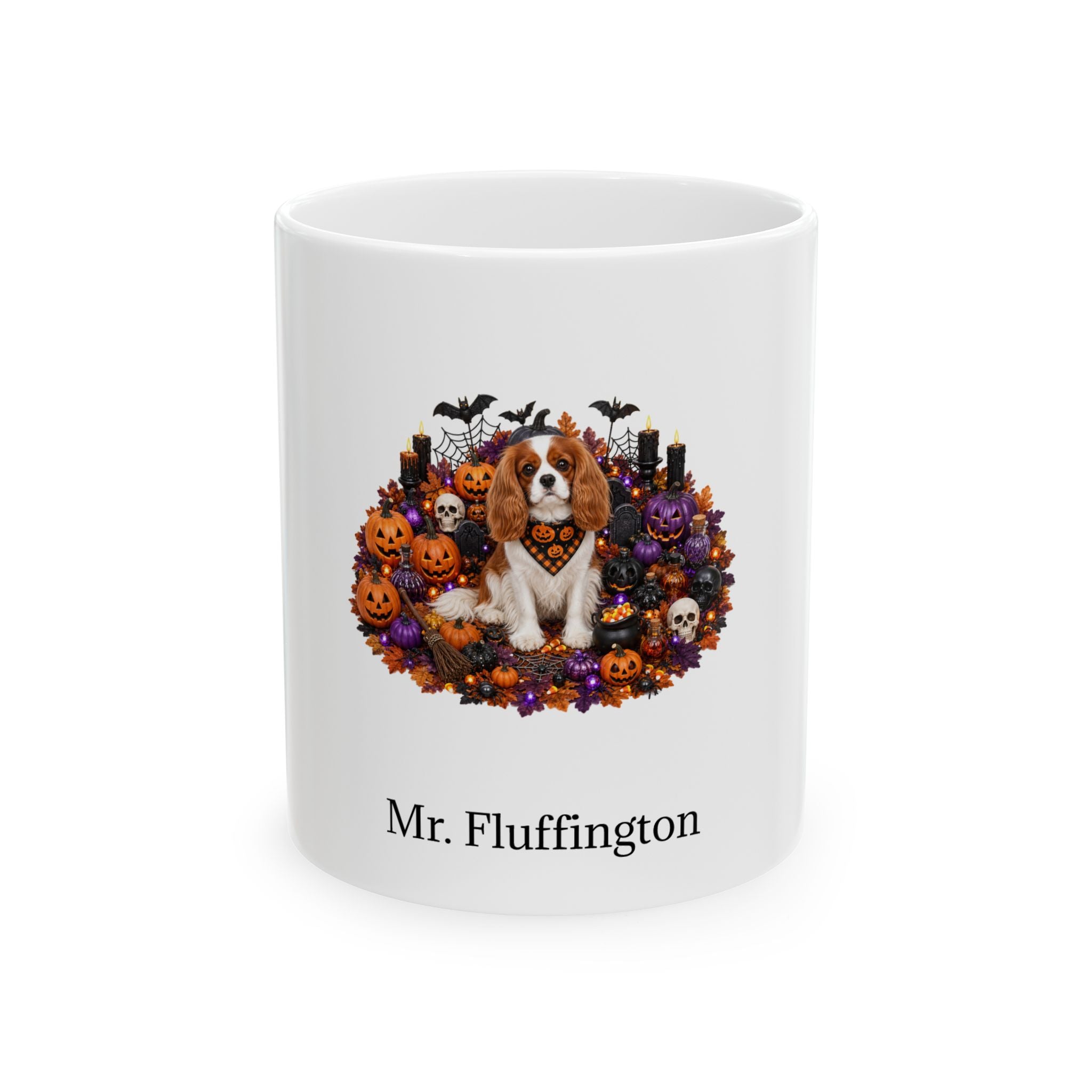 Personalized Cavalier King Charles Spaniel dog Halloween mug, 15oz white ceramic, with custom pet name on front