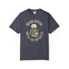 Dark grey t-shirt featuring a skeleton wearing sunglasses and holding a steaming cup of coffee.