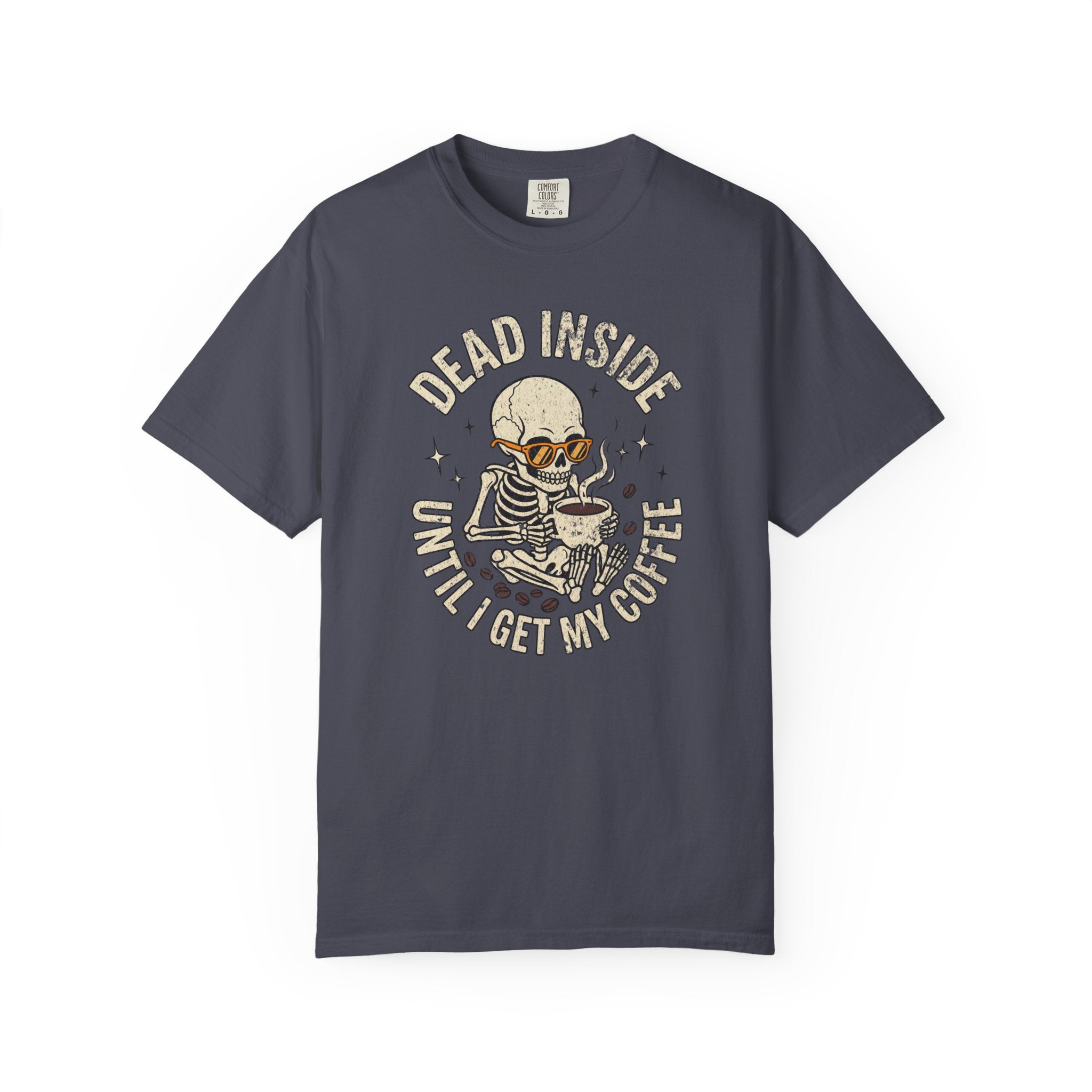 Dark grey t-shirt featuring a skeleton wearing sunglasses and holding a steaming cup of coffee.