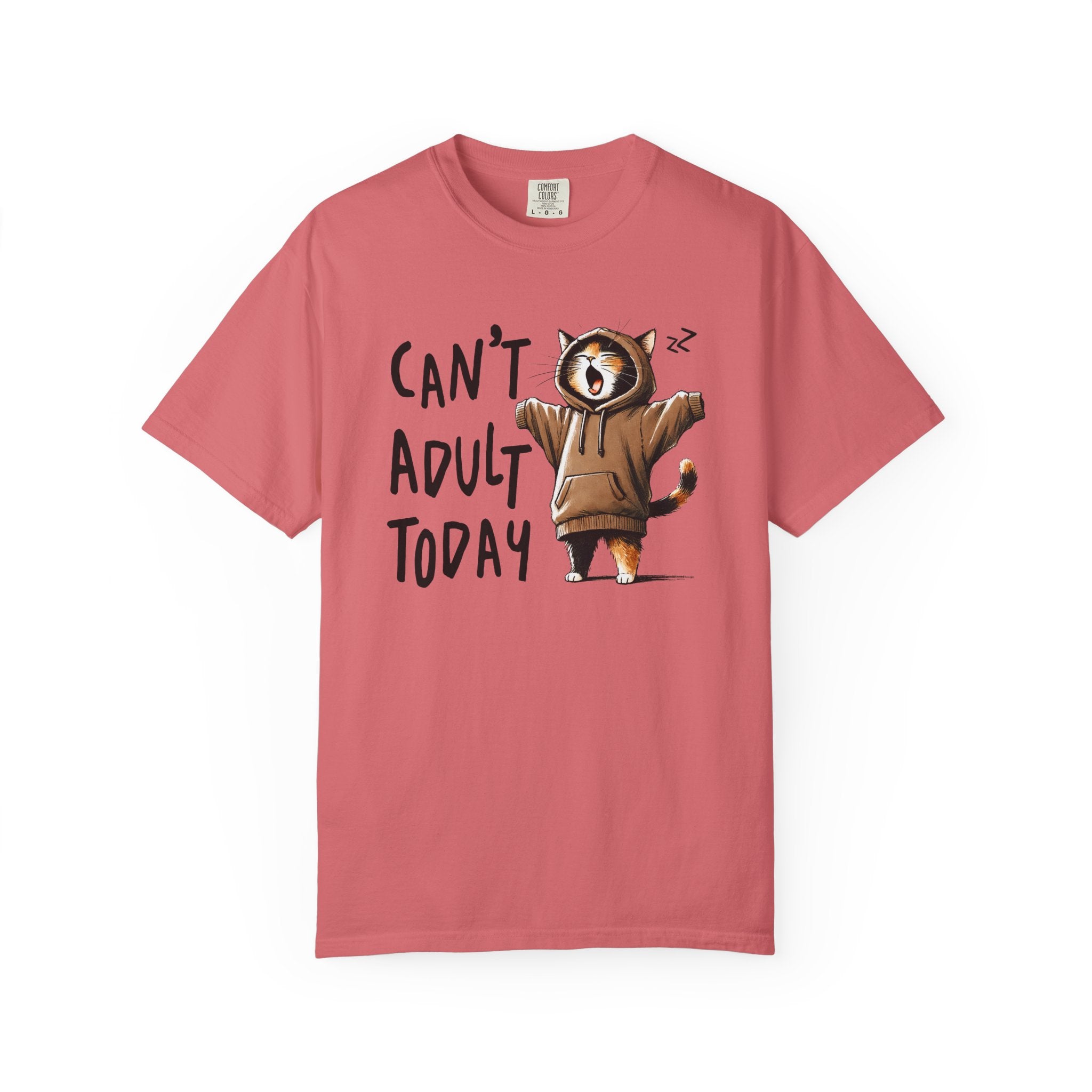 A dusty rose heavyweight cotton t-shirt featuring a graphic of a yawning cat wearing a hoodie.