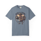 Blue vintage wash t-shirt featuring a graphic of a cowboy rooster pouring coffee.
