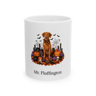 Personalized Vizsla dog Halloween mug, 11oz white ceramic, with custom pet name on front