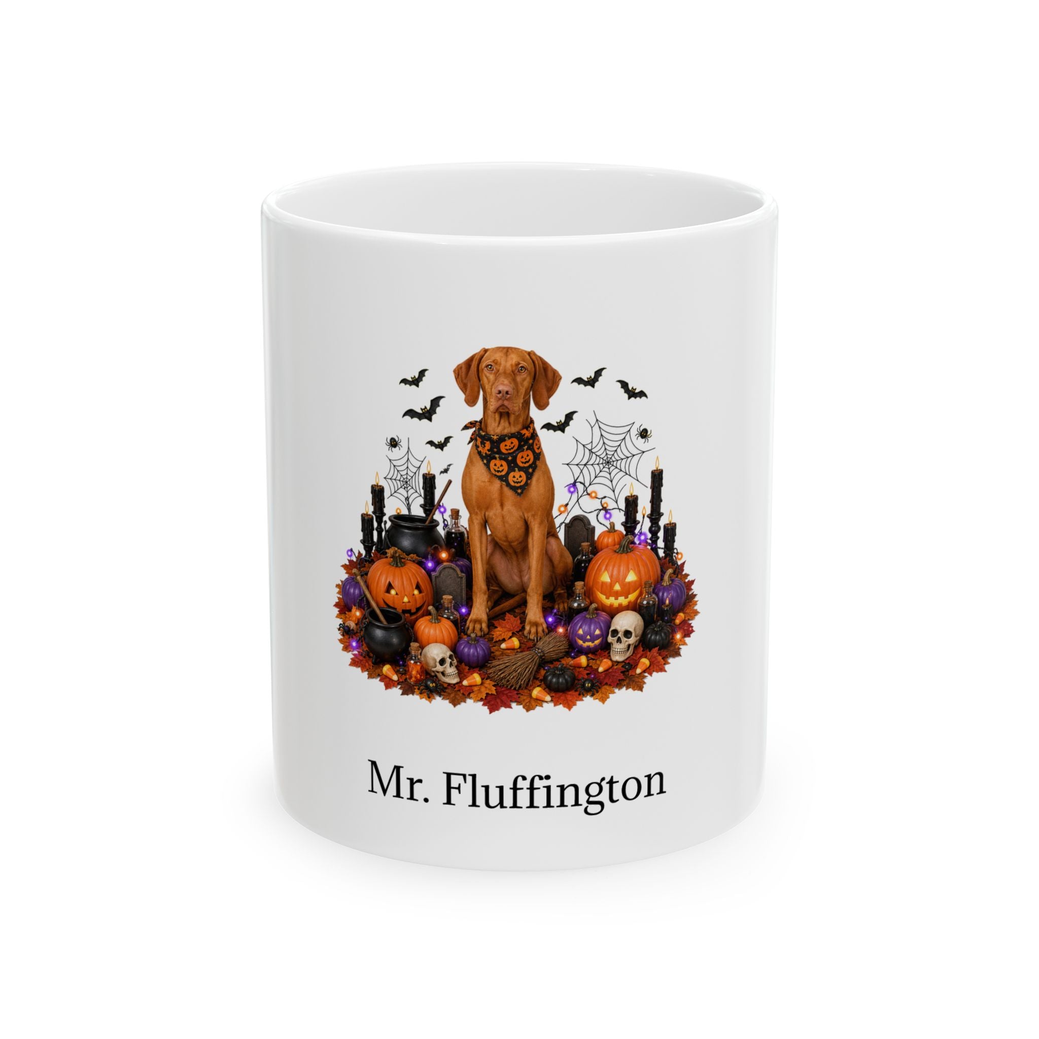 Personalized Vizsla dog Halloween mug, 11oz white ceramic, with custom pet name on front