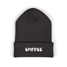 Embroidered "COFFEE" cuffed beanie in dark gray knit.