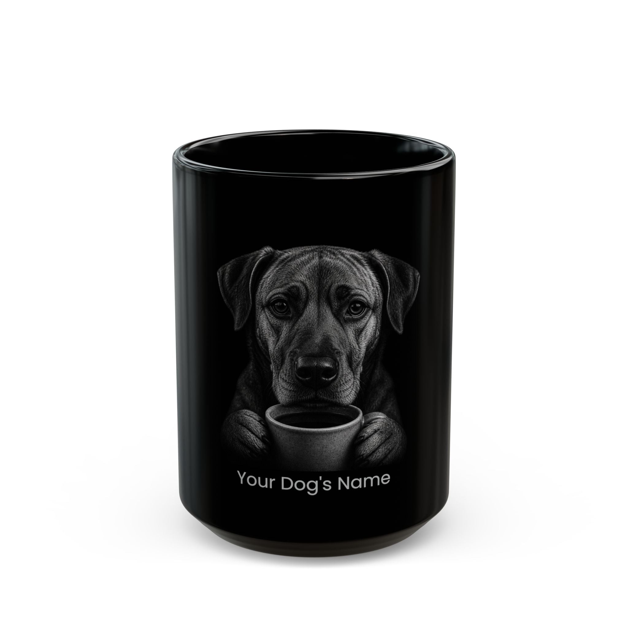 Personalized Black Mouth Cur black ceramic coffee mug with custom dog name