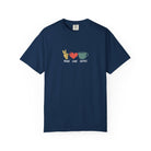 A navy blue heavyweight cotton t-shirt featuring a retro peace sign, heart, and coffee cup graphic.