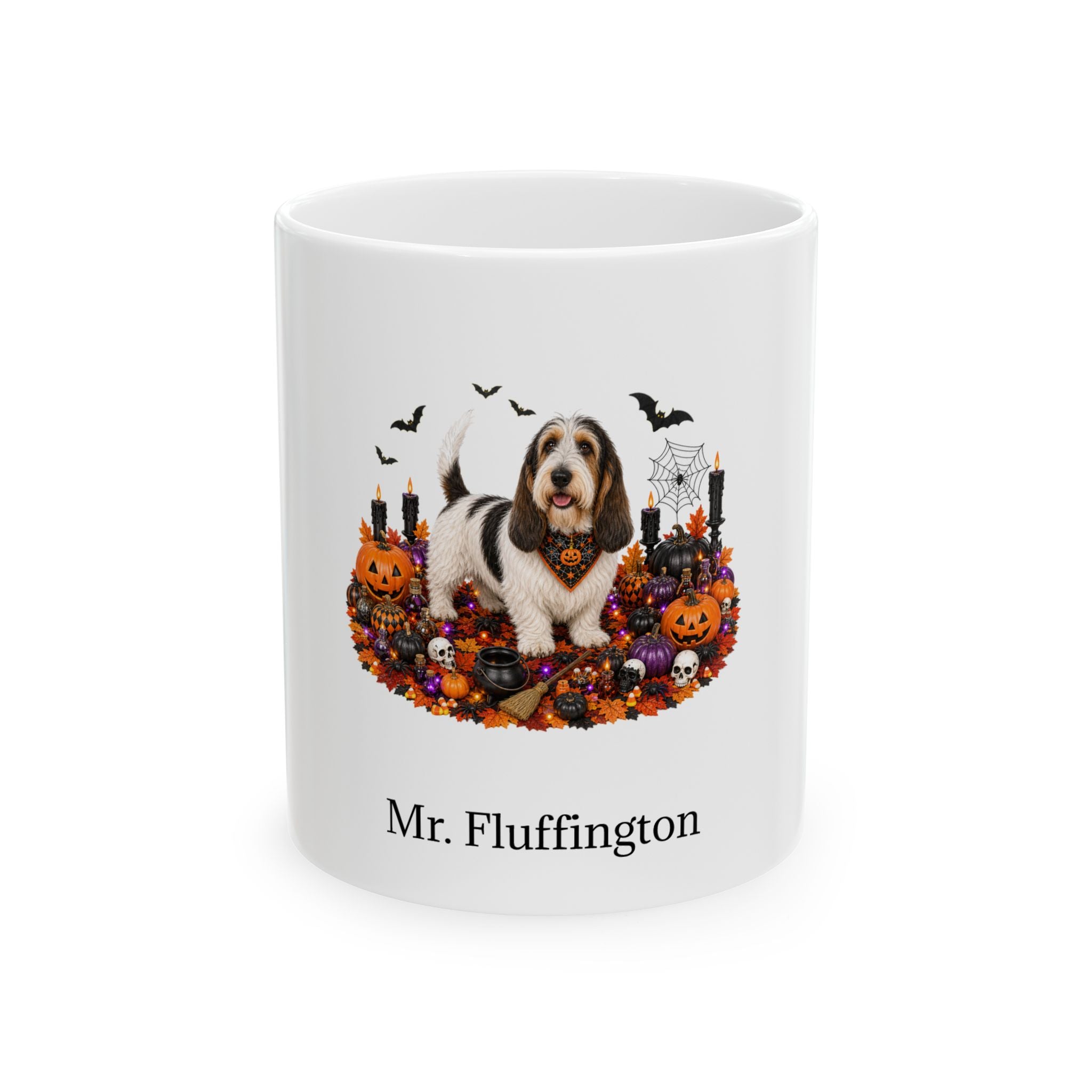 Personalized Grand Basset Griffon Vendeen dog Halloween mug, 15oz white ceramic, with custom pet name on front