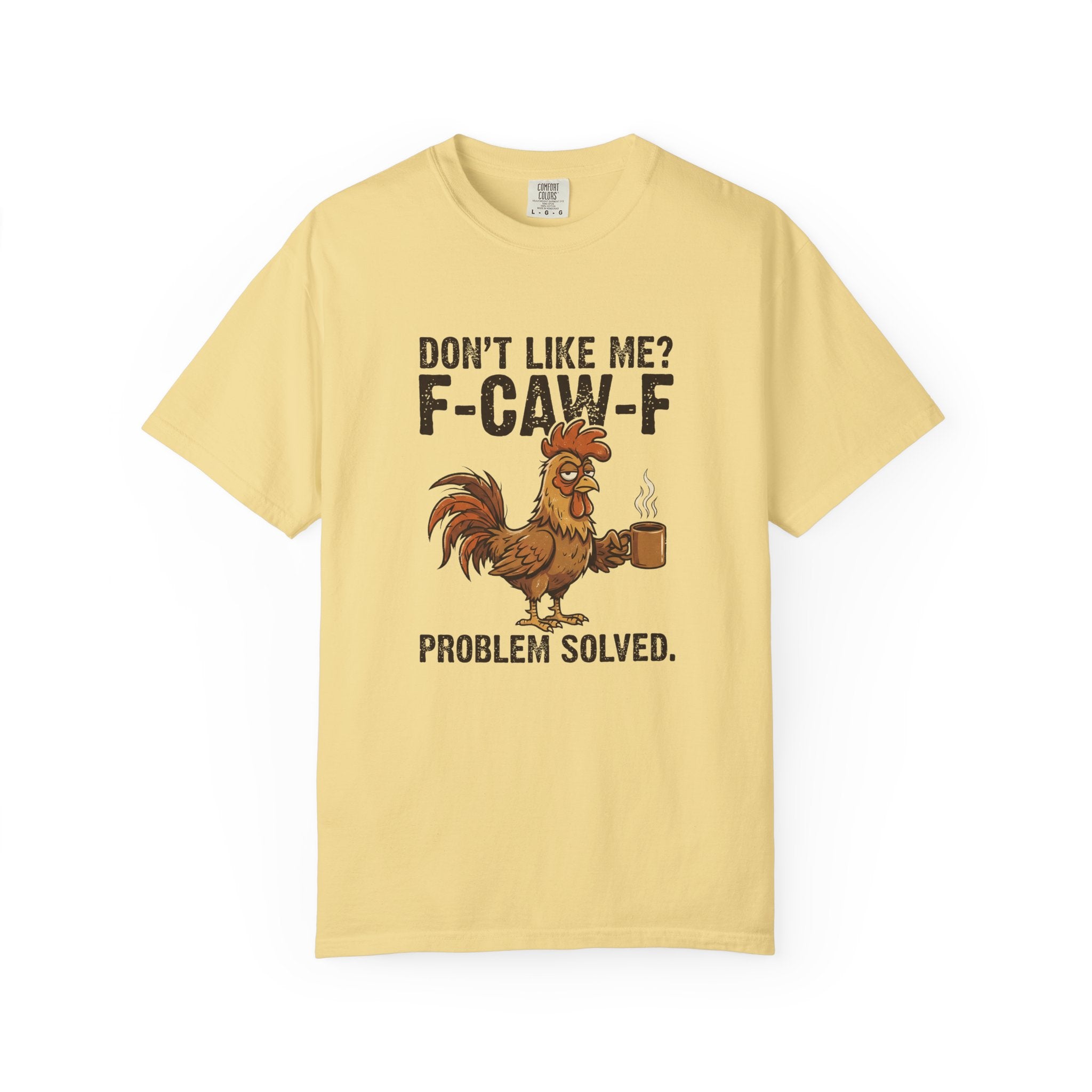 A light yellow t-shirt featuring a distressed graphic of a rooster holding a coffee mug.