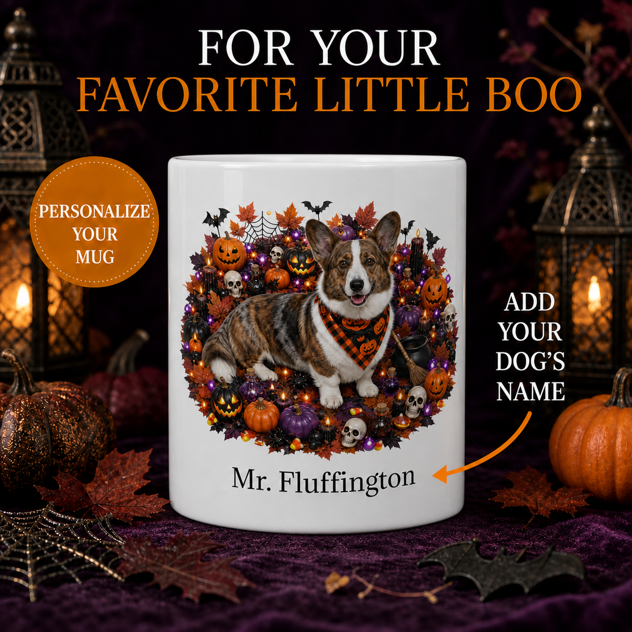 Personalized Cardigan Welsh Corgi Halloween Mug – Custom Dog Name Gift – front view with no handle
