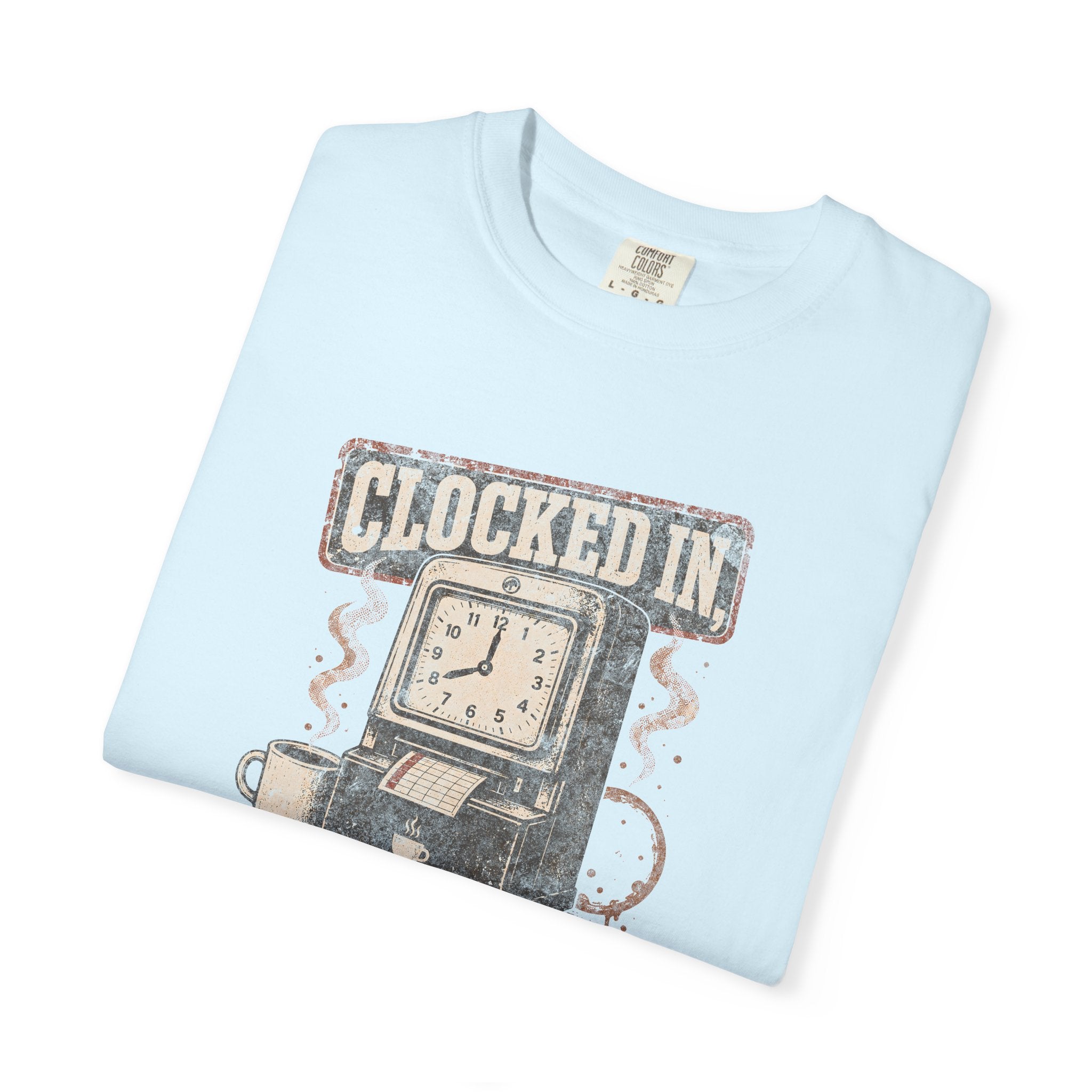 Light blue Comfort Colors graphic t-shirt featuring a vintage time clock and coffee design.