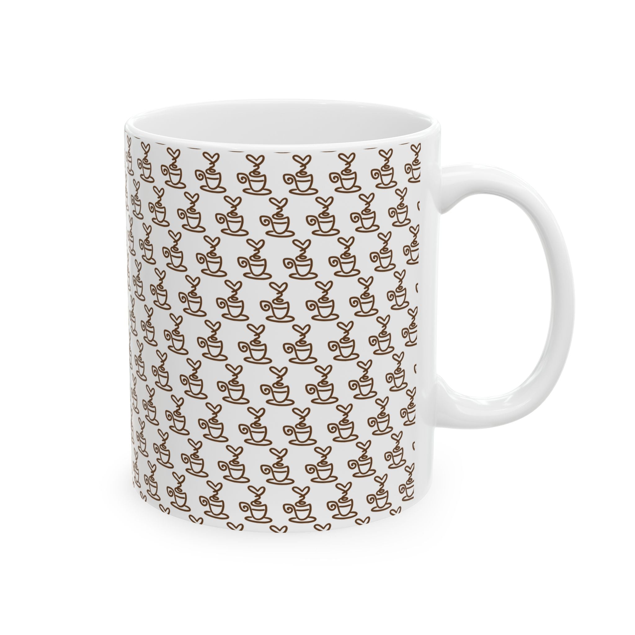 A white ceramic mug featuring a repeating brown line-art pattern of coffee cups with heart-shaped steam.
