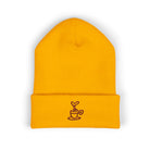 Yellow cuffed knit beanie with embroidered coffee cup detail.