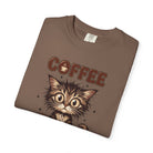 Brown unisex cotton t-shirt featuring a graphic of a fluffy kitten and the word COFFEE.