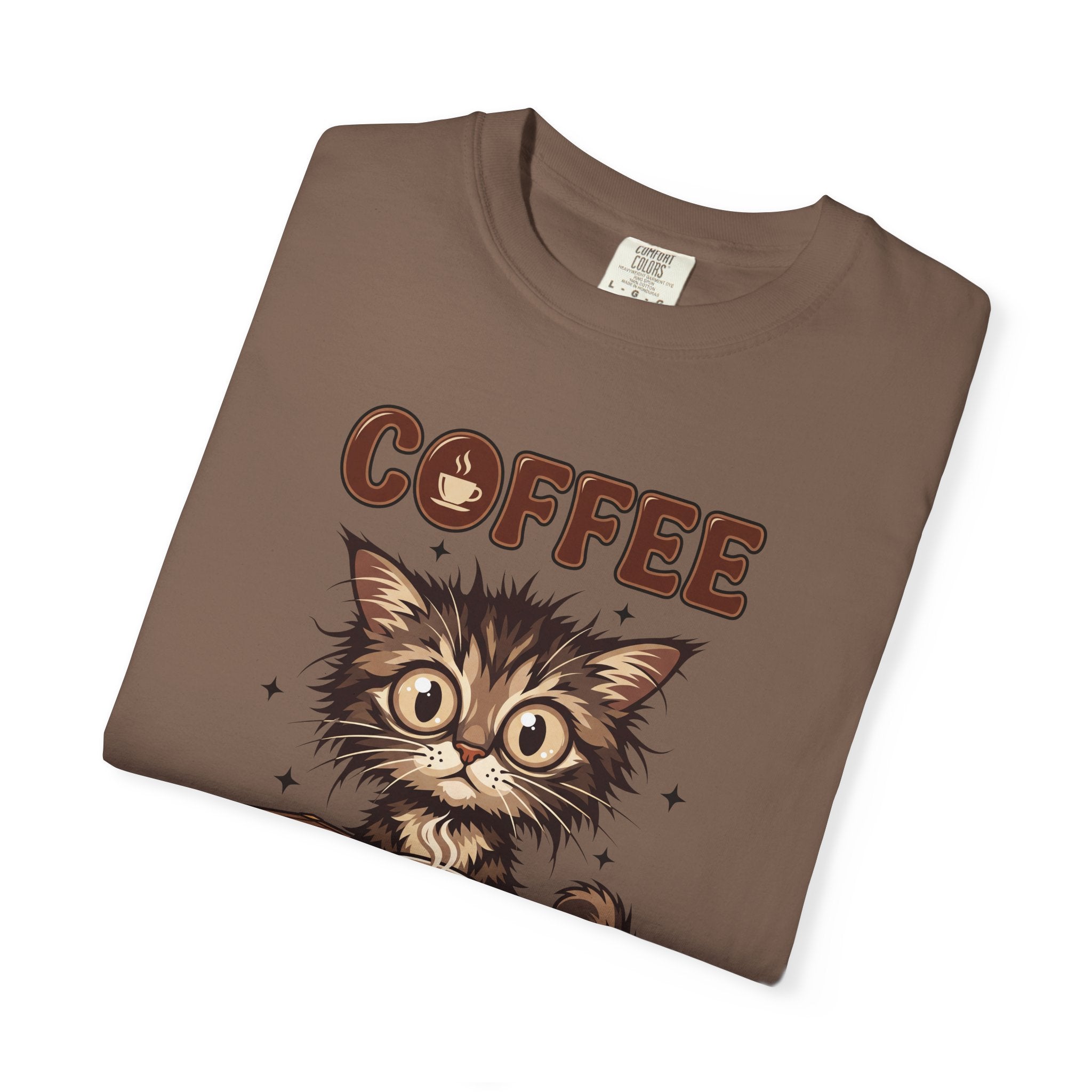 Brown unisex cotton t-shirt featuring a graphic of a fluffy kitten and the word COFFEE.