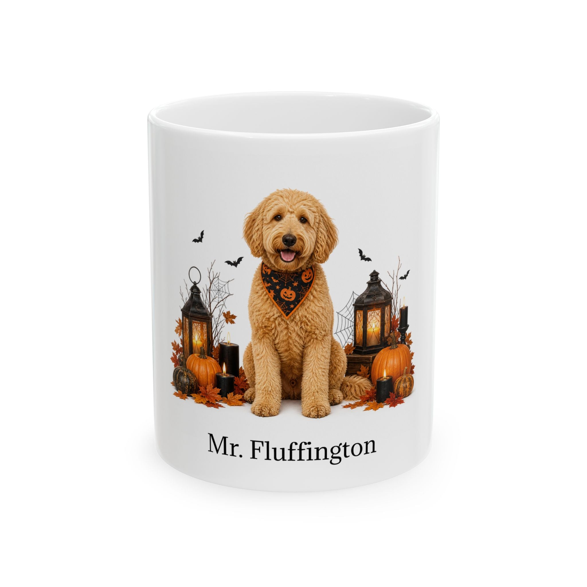 Personalized Goldendoodle Halloween mug with custom dog name, front product view