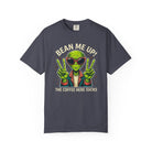 Dark grey t-shirt featuring a green alien wearing sunglasses and making peace signs.