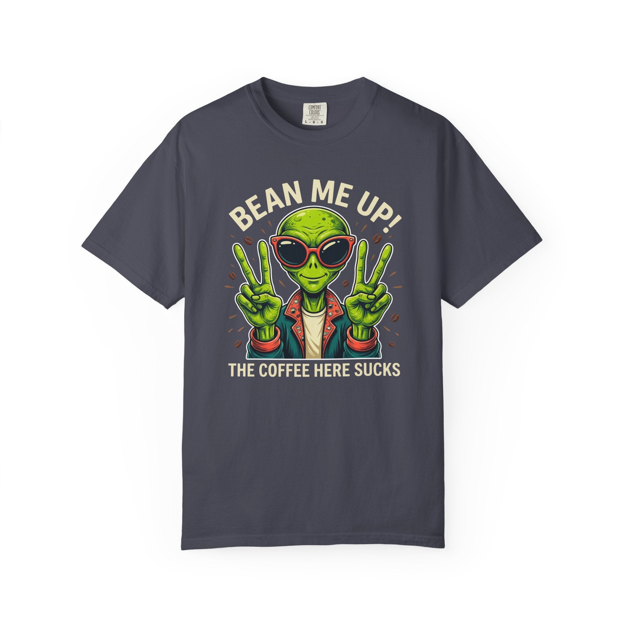 Dark grey t-shirt featuring a green alien wearing sunglasses and making peace signs.